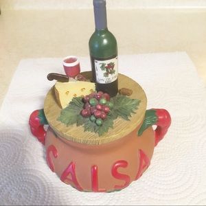 Salsa Ceramic Dish Lid Has Wine Bottle & Glass, Cheese & Grapes on Top.